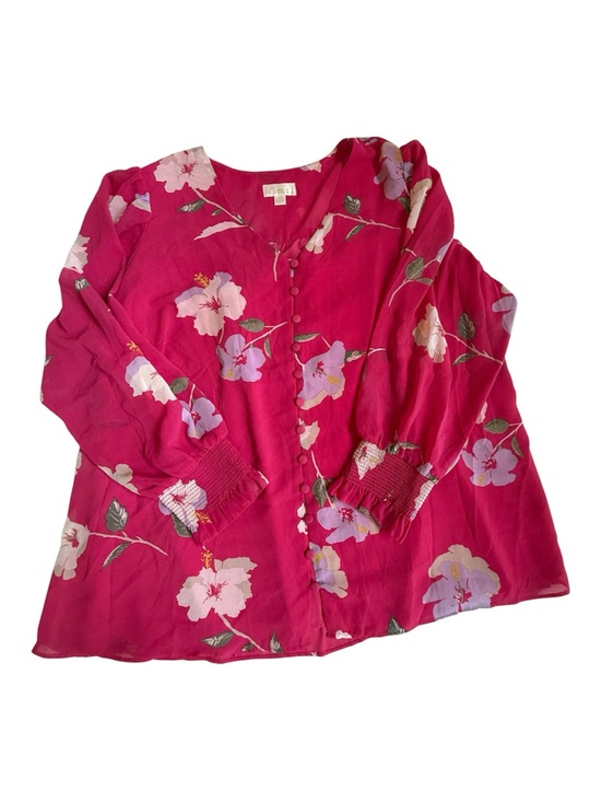 Belle by Kim Gravel Tops - Belle Kim Gravel Fuchsia Floral Smocked Cuff V-Neck Blouse Plus Size 1X Tropical